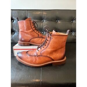 Curatore Mens Cognac Leather Apron Toe Lace Up Boots Burnished